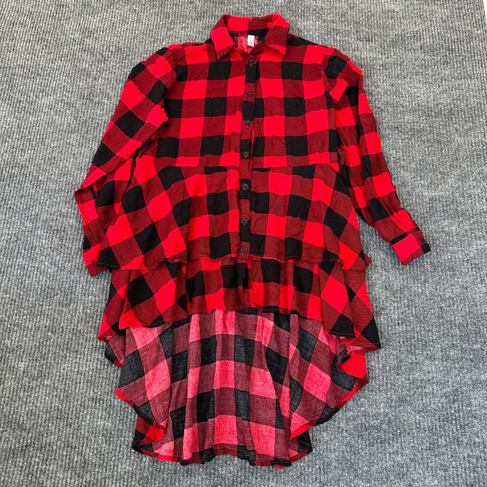 Rosegal Tiered High-Low Button Down Top 14 Red Black Buffalo Plaid Layered Hem